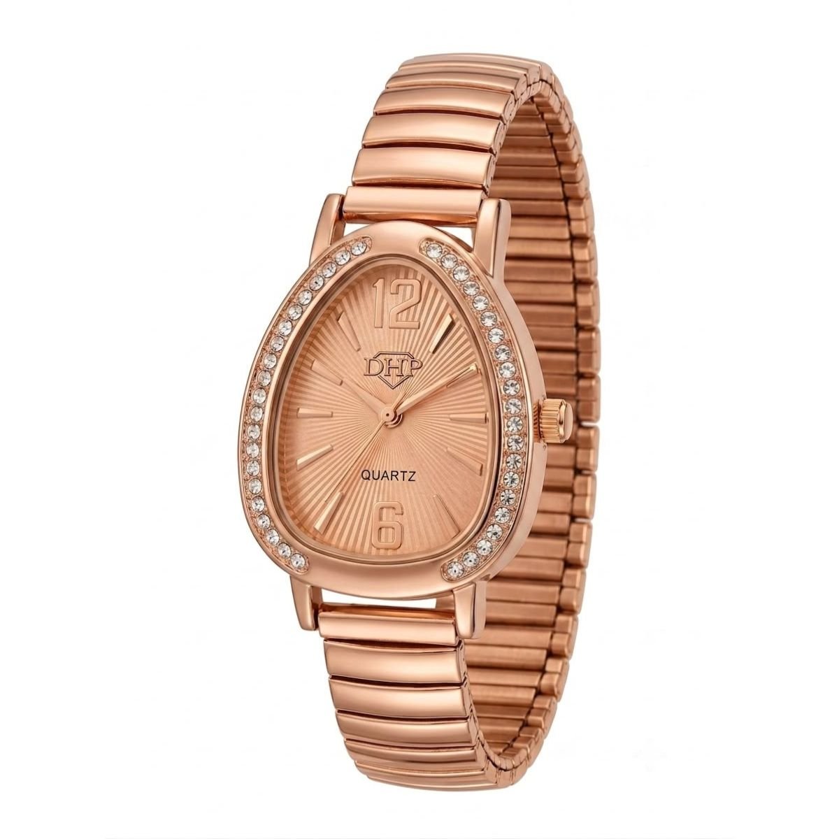 Relógio Feminino Luxo Gota Com Strass Correa Metal + Caixa Rosê/Rosê