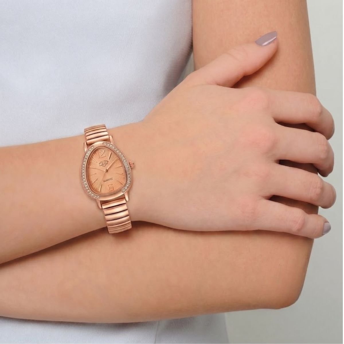 Relógio Feminino Luxo Gota Com Strass Correa Metal + Caixa Rosê/Rosê Rosa 3
