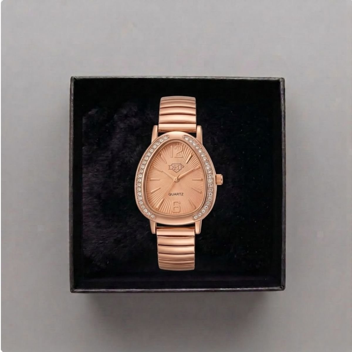 Relógio Feminino Luxo Gota Com Strass Correa Metal + Caixa Rosê/Rosê Rosa 4