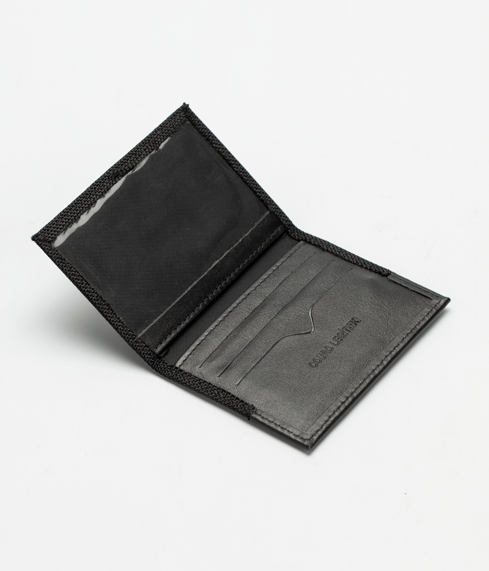Porta Cartao De Nylon Com Detalhes Em Couro Masculina Preta Preto 2