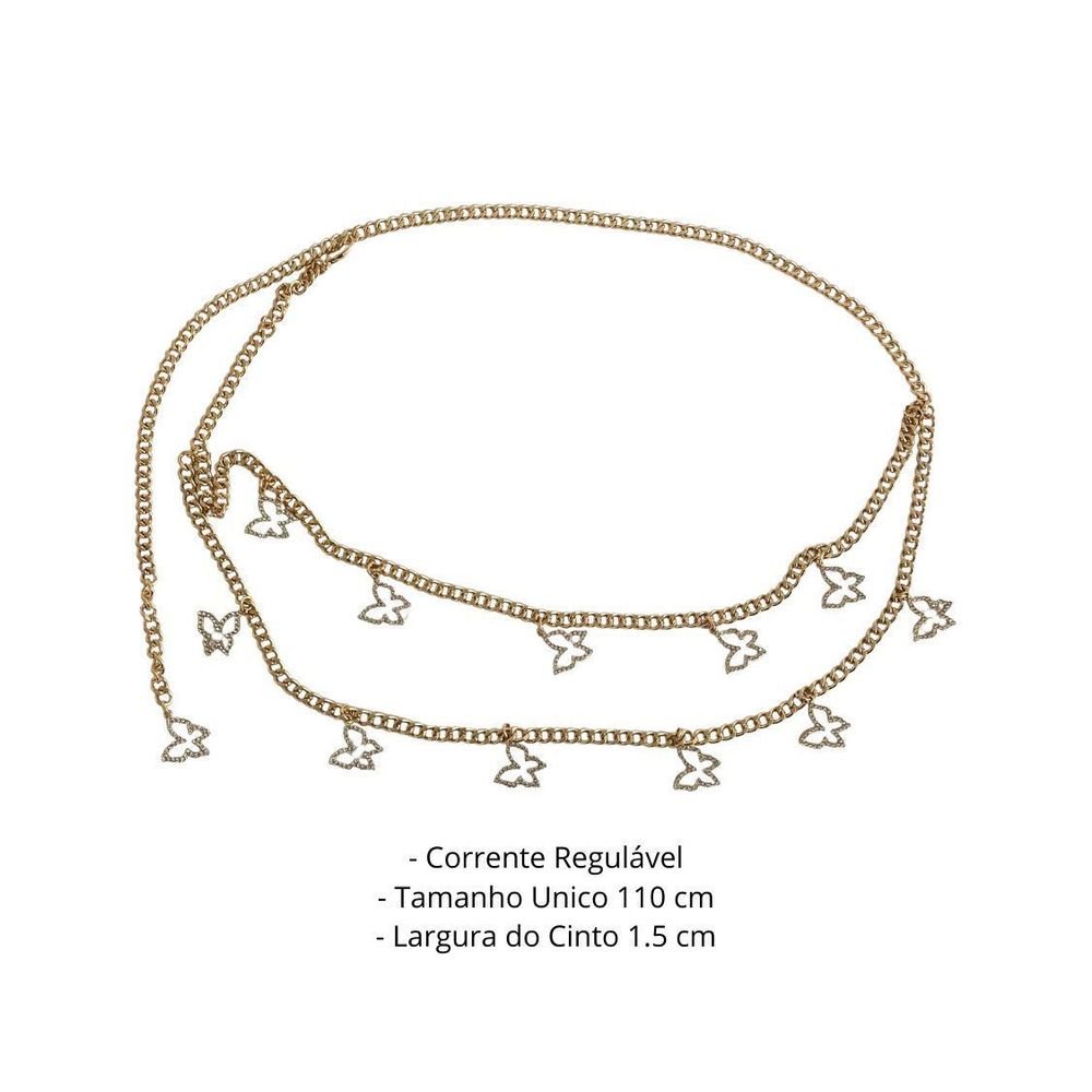 Cinto Feminino Corrente Strass Borboleta Ariel Dourado 3