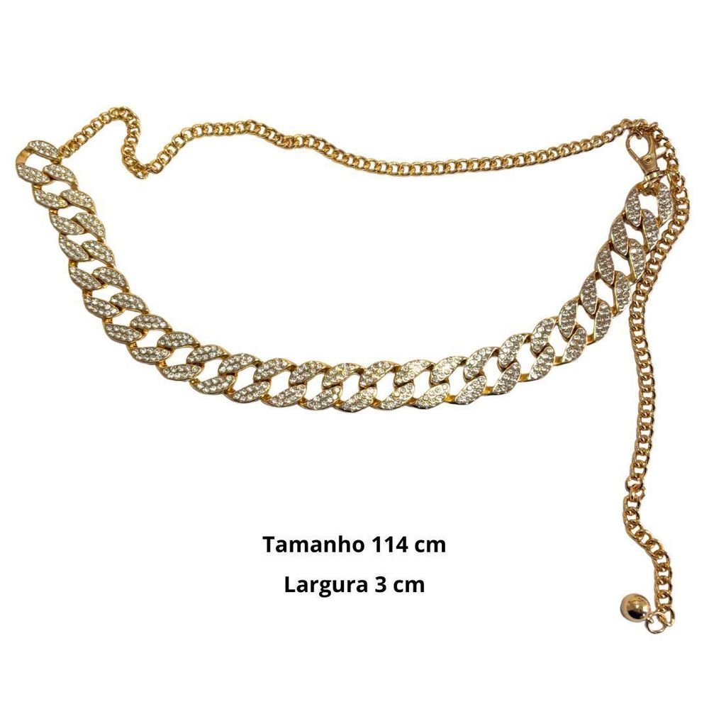 Cinto Feminino Luxo Corrente Strass Luara Dourado 3