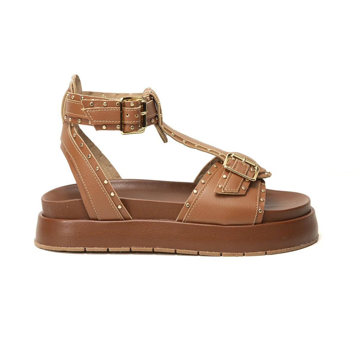 Sandalia FlatForm Caramelo com Spikes - YES, Conforto e Estilo Moderno Caramelo 1