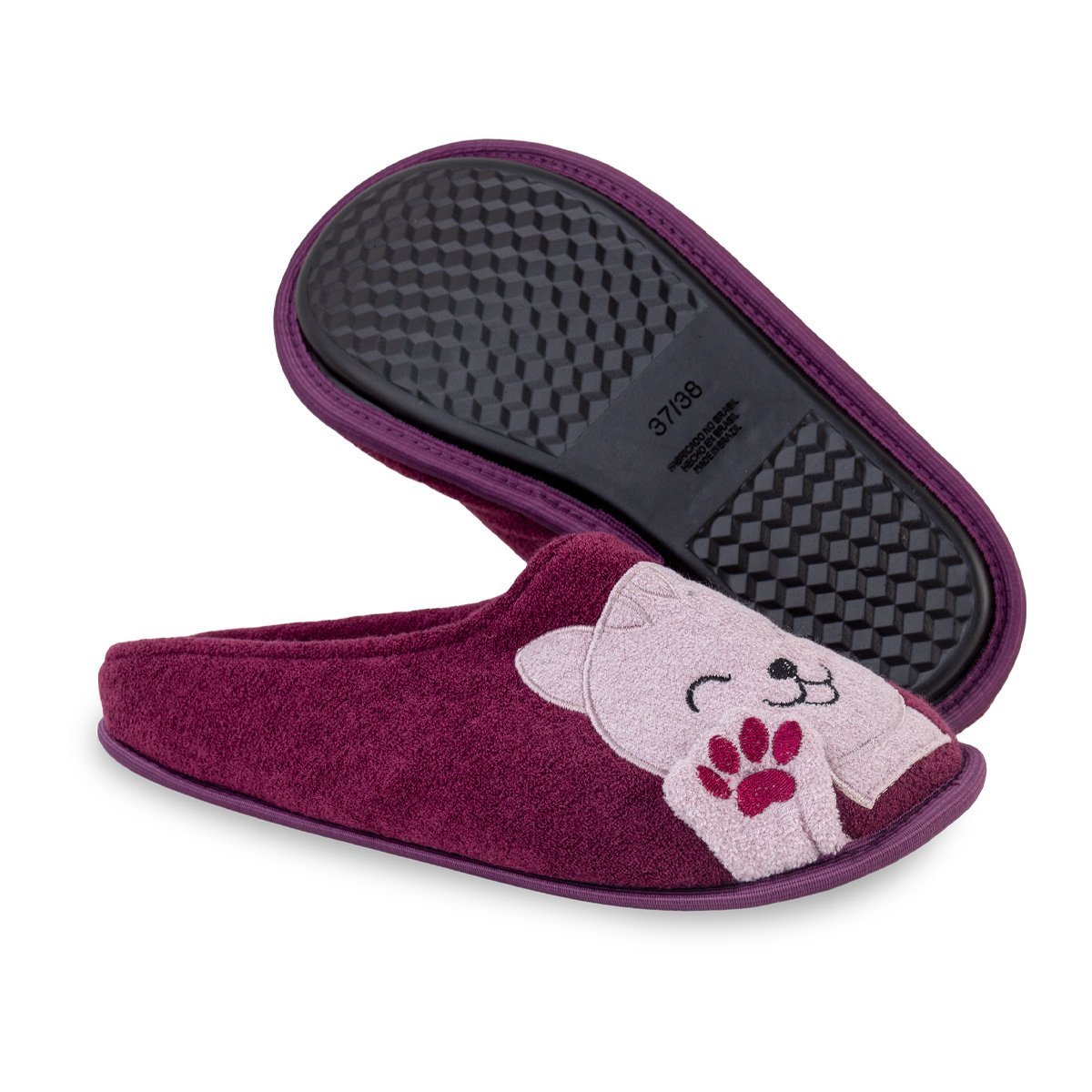 Pantufa Gatinho Feliz Bordo Chinelo de Quarto Antiderrapante Adulta e Infantil Super Fofinha e Resistente Bordô 2