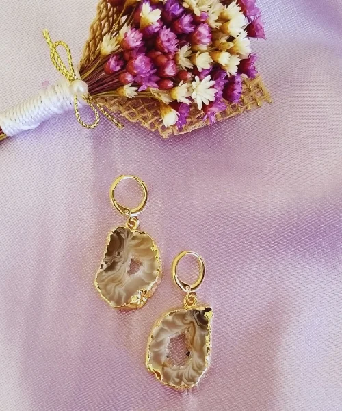 Semijoia - Brinco Geodo Natural - Ouro 18k Dourado 2