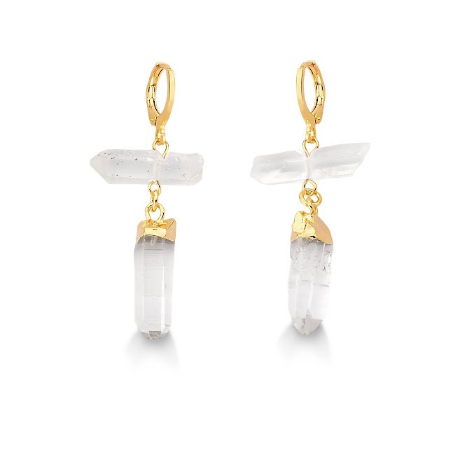 Semijoia - Brinco de Cristal Duplo - Quartzo Transparente - Ouro 18k