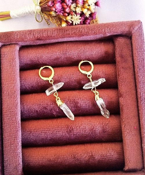 Semijoia - Brinco de Cristal Duplo - Quartzo Transparente - Ouro 18k Dourado 2