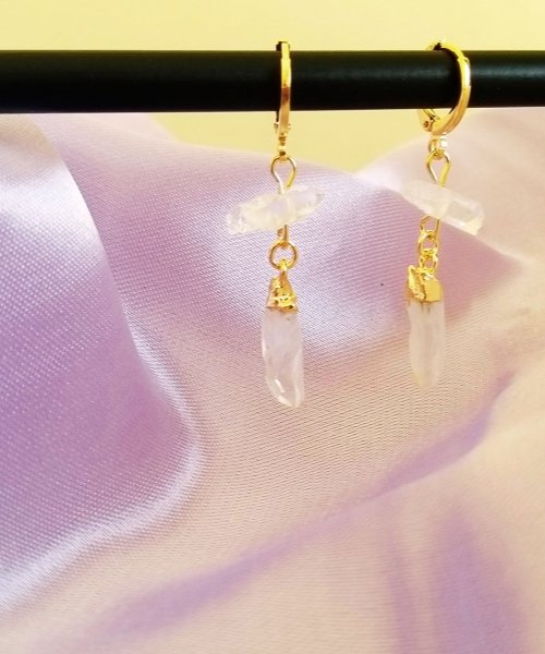 Semijoia - Brinco de Cristal Duplo - Quartzo Transparente - Ouro 18k Dourado 3