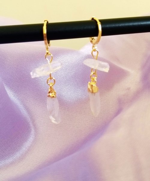 Semijoia - Brinco de Cristal Duplo - Quartzo Transparente - Ouro 18k Dourado 5