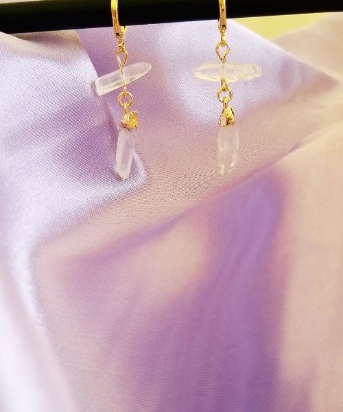 Semijoia - Brinco de Cristal Duplo - Quartzo Transparente - Ouro 18k Dourado 7