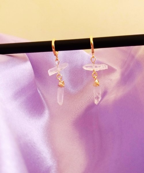 Semijoia - Brinco de Cristal Duplo - Quartzo Transparente - Ouro 18k Dourado 8