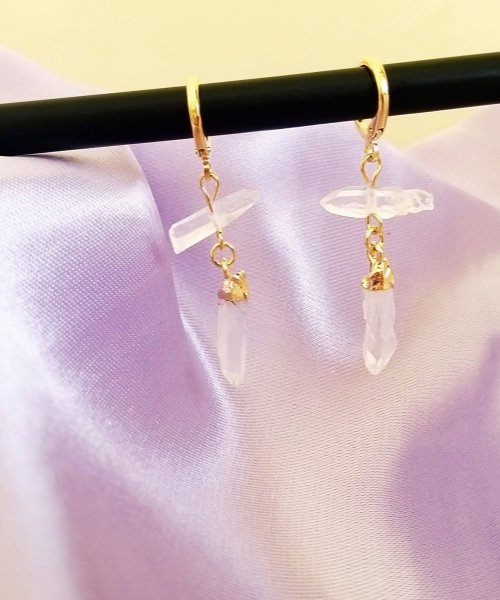 Semijoia - Brinco de Cristal Duplo - Quartzo Transparente - Ouro 18k Dourado 9