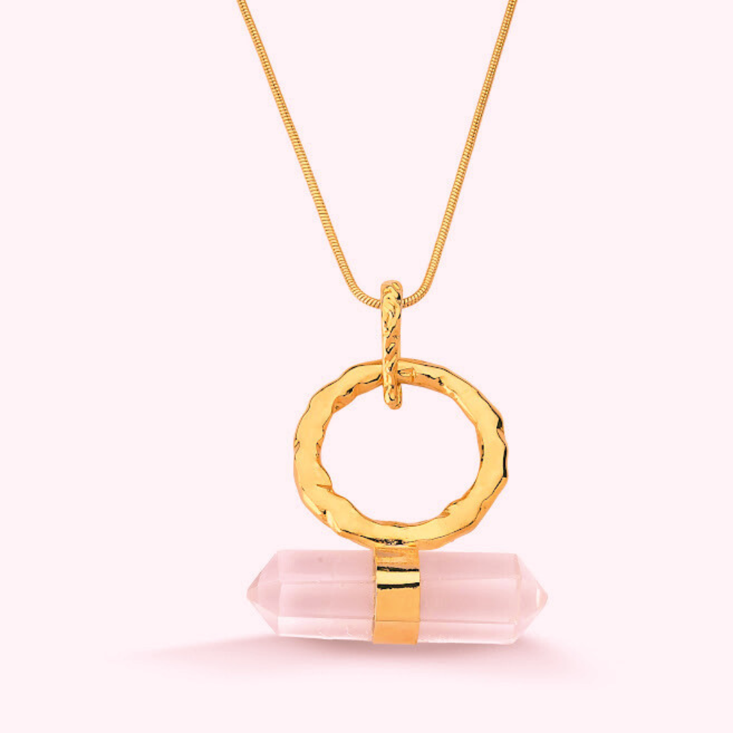 Semijoia - Colar Arco Texturizado Com Pedra Natural Quartzo Rosa Biterminada - Ouro 18k