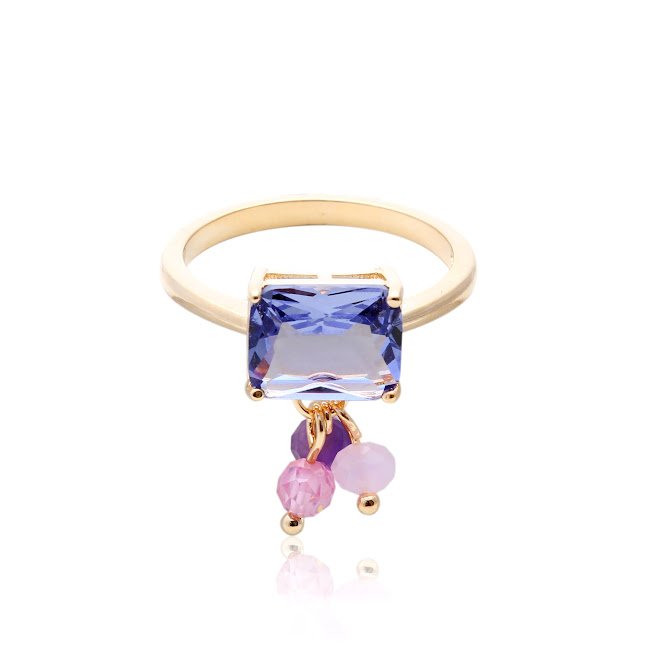 Semijoia - Anel Cristal Ametista e Penduricalhos - Ouro 18k