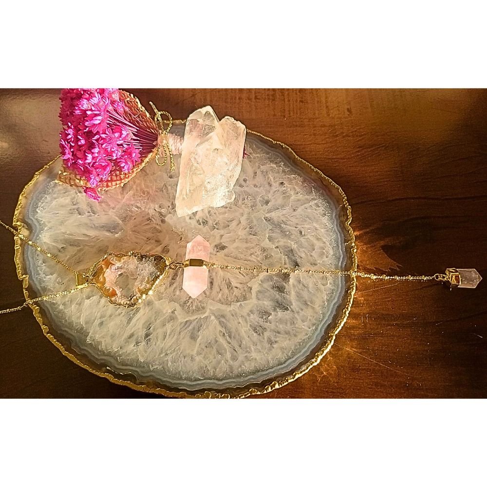 Semijoia - Colar Trilogia de Cristais Naturais - Geodo e Quartzo Rosa - Ouro 18k Dourado 4