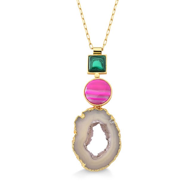 Semijoia - Colar Trilogia de Cristais Naturais - Geodo, Ágata Rosa e Malaquita - Ouro 18k Dourado 1