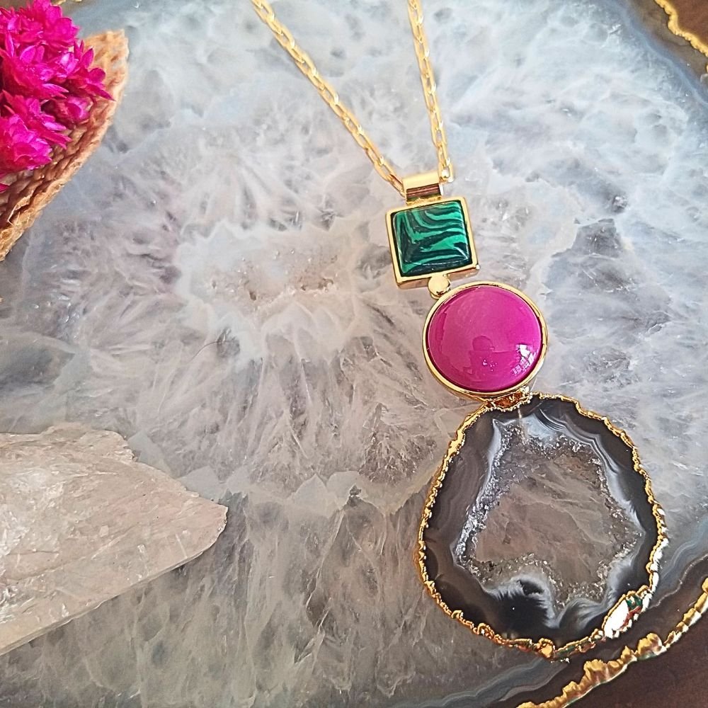 Semijoia - Colar Trilogia de Cristais Naturais - Geodo, Ágata Rosa e Malaquita - Ouro 18k Dourado 3