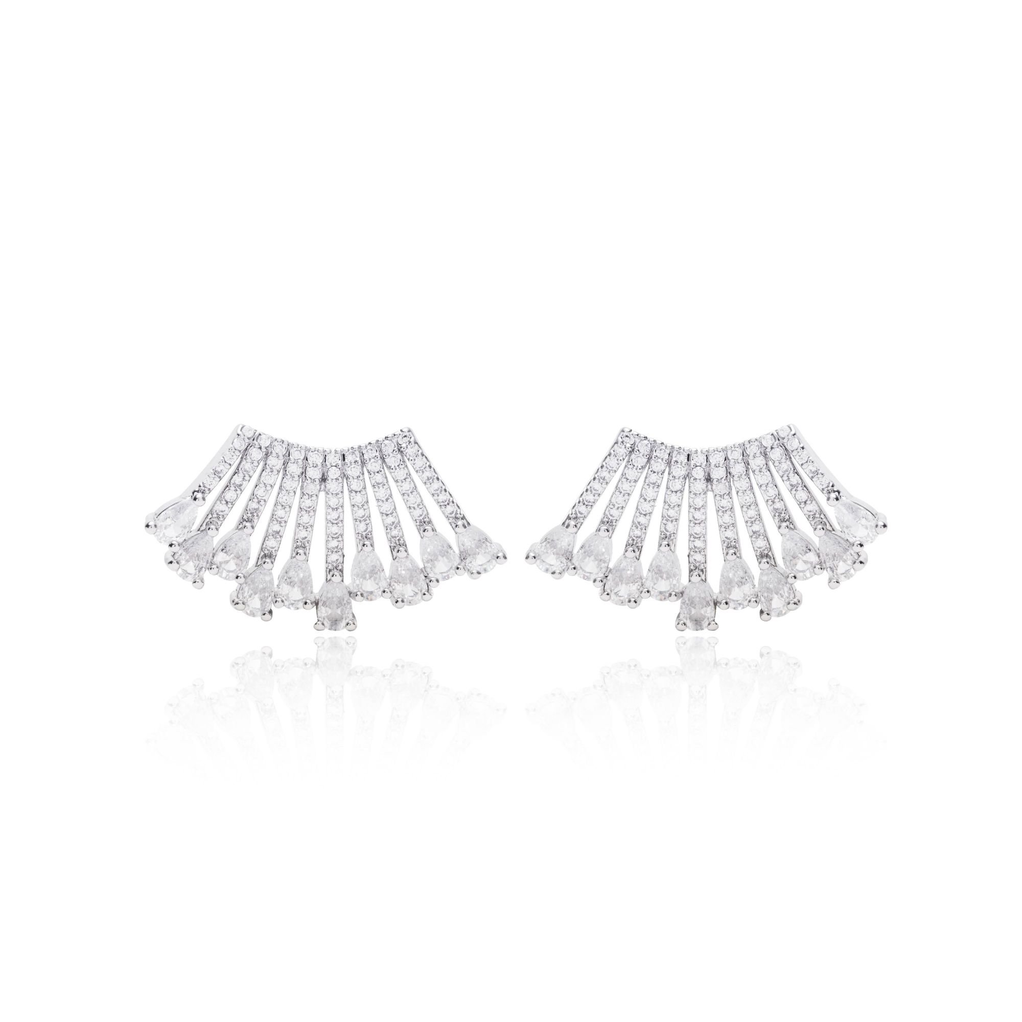 Semijoia - Brinco Leque com Cristais em Gota - Ródio Branco