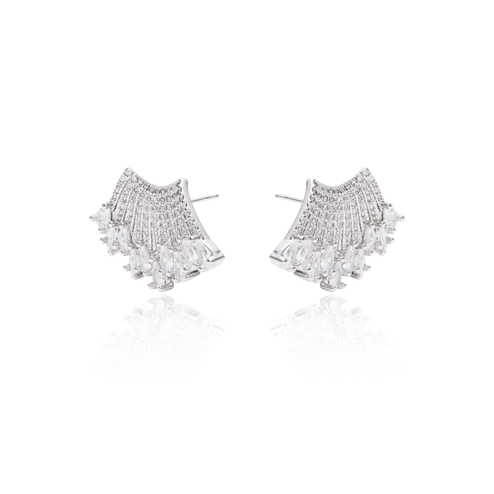 Semijoia - Brinco Leque com Cristais em Gota - Ródio Branco Prata 2