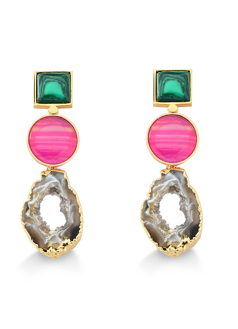 Semijoia - Brinco Trilogia de Cristais Naturais - Geodo, Ágata Rosa e Malaquita - Ouro 18k