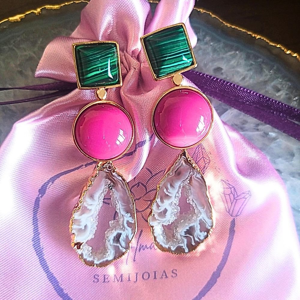 Semijoia - Brinco Trilogia de Cristais Naturais - Geodo, Ágata Rosa e Malaquita - Ouro 18k Multicores 2