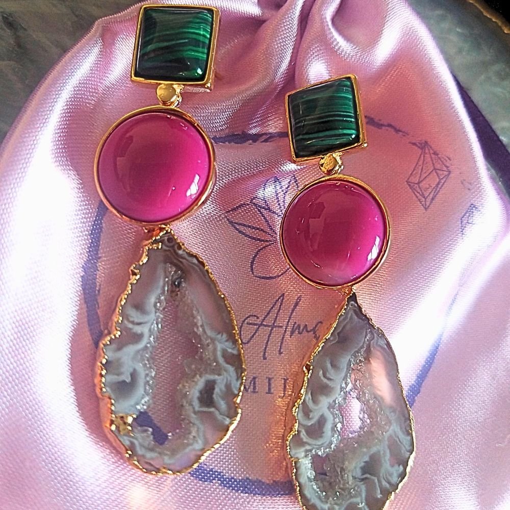 Semijoia - Brinco Trilogia de Cristais Naturais - Geodo, Ágata Rosa e Malaquita - Ouro 18k Multicores 3