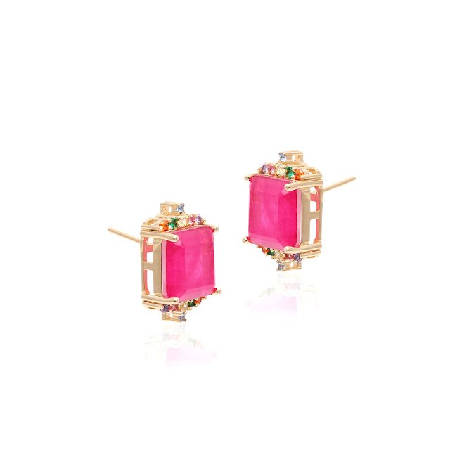 Semijoia - Brinco Fusion Turmalina Rosa e Cristais Coloridos - Ouro 18k Rosa 2