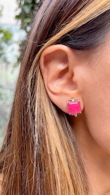 Semijoia - Brinco Fusion Turmalina Rosa e Cristais Coloridos - Ouro 18k Rosa 11