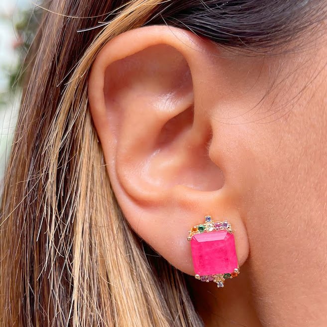 Semijoia - Brinco Fusion Turmalina Rosa e Cristais Coloridos - Ouro 18k Rosa 3