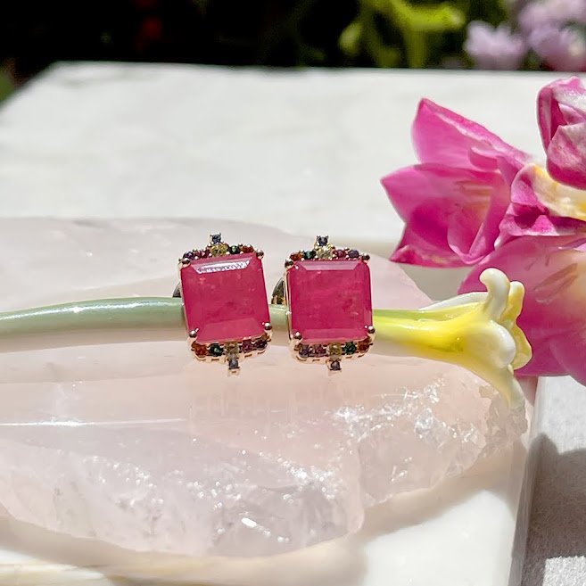 Semijoia - Brinco Fusion Turmalina Rosa e Cristais Coloridos - Ouro 18k Rosa 4