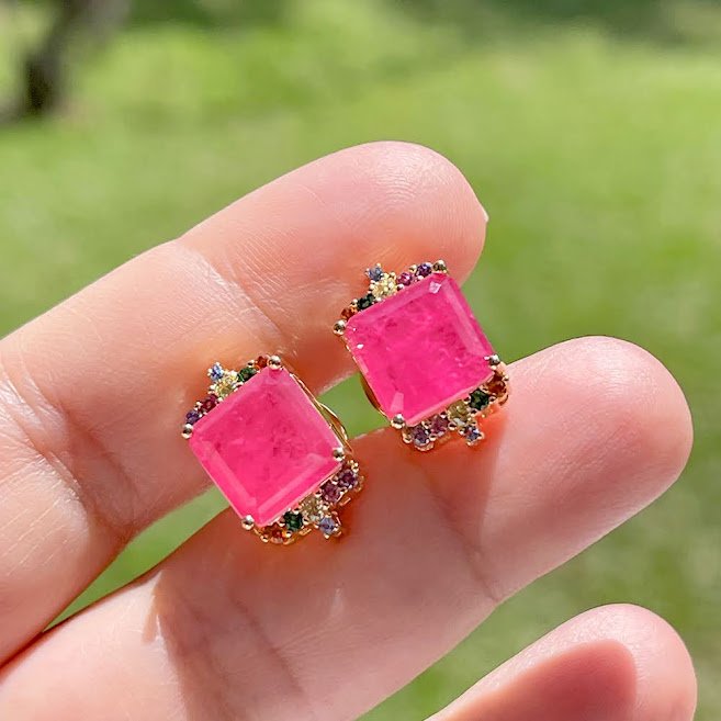 Semijoia - Brinco Fusion Turmalina Rosa e Cristais Coloridos - Ouro 18k Rosa 6