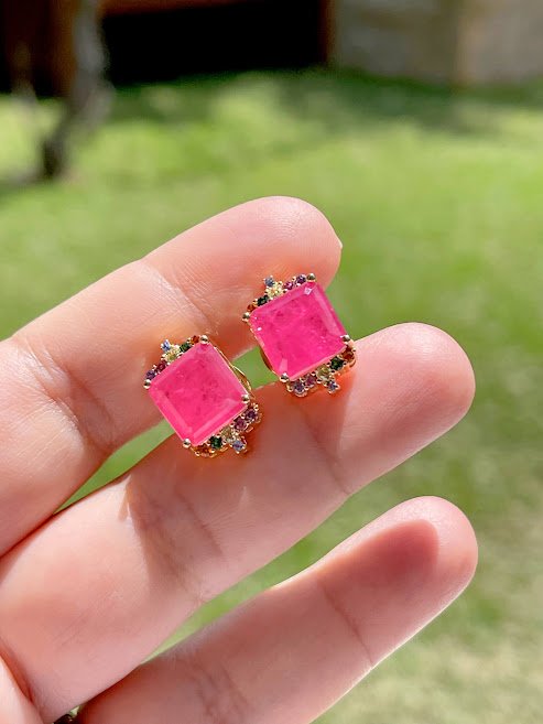 Semijoia - Brinco Fusion Turmalina Rosa e Cristais Coloridos - Ouro 18k Rosa 7