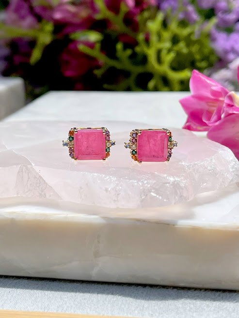 Semijoia - Brinco Fusion Turmalina Rosa e Cristais Coloridos - Ouro 18k Rosa 9