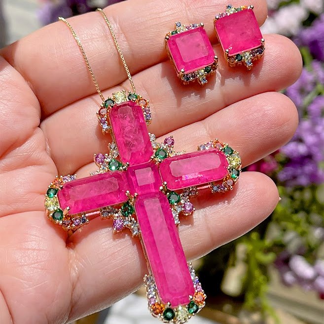 Semijoia - Brinco Fusion Turmalina Rosa e Cristais Coloridos - Ouro 18k Rosa 10