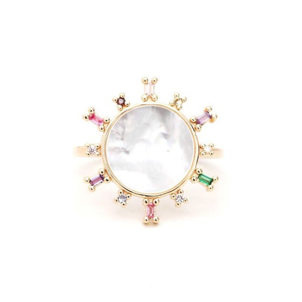 Semijoia - Anel Madrepérola Espelhada e Cristais - Ouro 18k