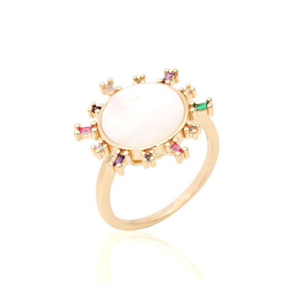 Semijoia - Anel Madrepérola Espelhada e Cristais - Ouro 18k Dourado 2