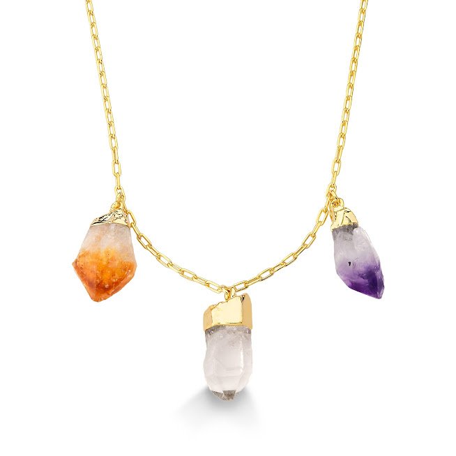 Semijoia - Colar Amuleto 3 Cristais Brutos Naturais: Quartzo Transparente, Citrino e Ametista