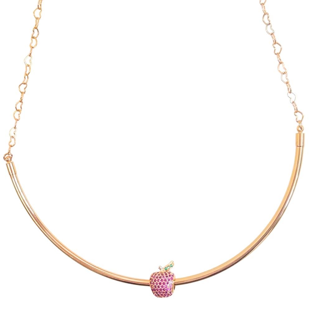 Semijoia - Choker aro rígido com Berloque de Maçãzinha Cravejada Zircônia Pink - Ouro 18k