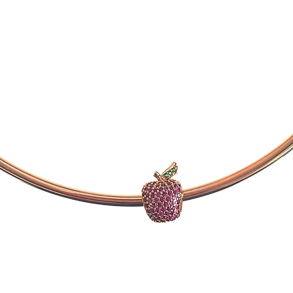 Semijoia - Choker aro rígido com Berloque de Maçãzinha Cravejada Zircônia Pink - Ouro 18k Dourado 2
