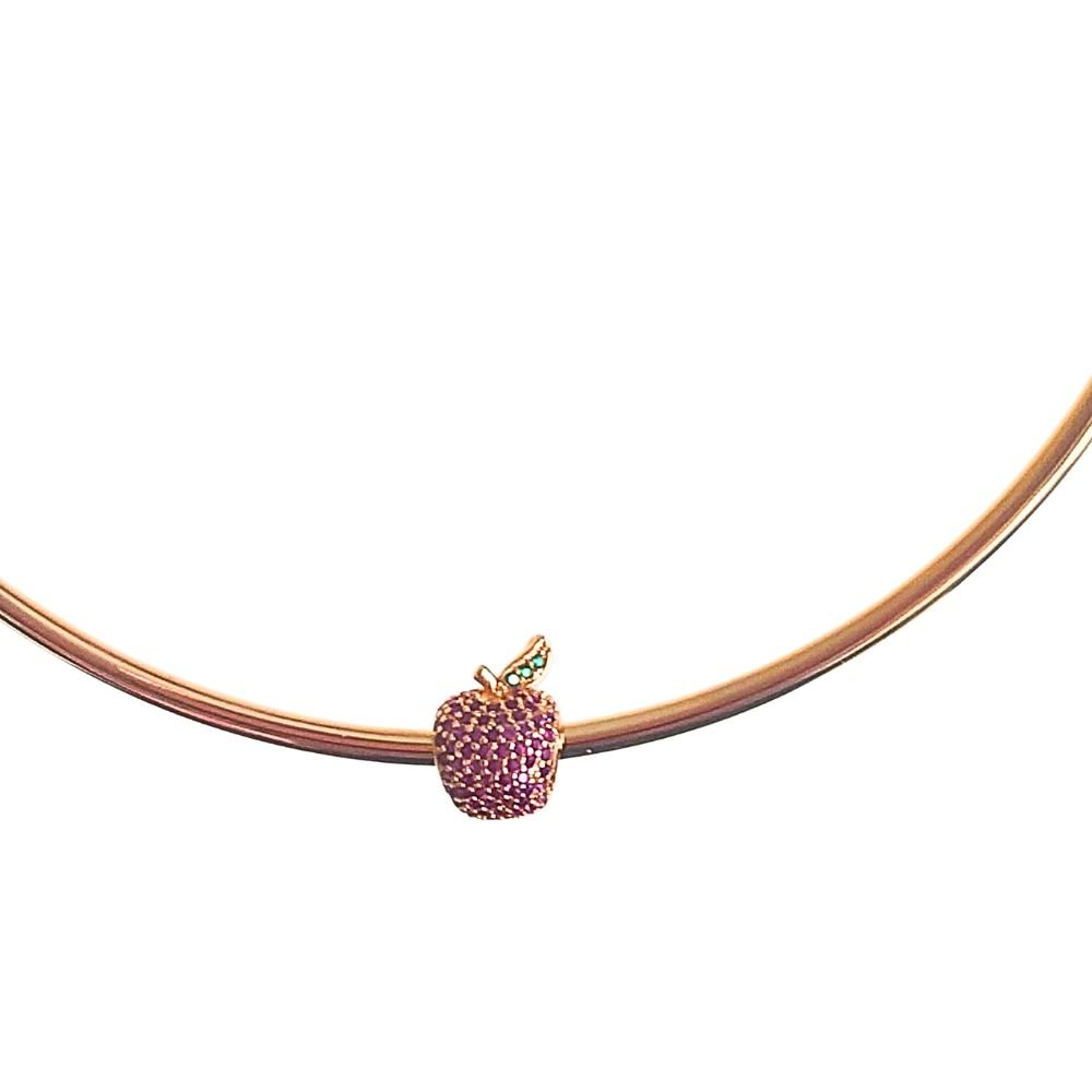 Semijoia - Choker aro rígido com Berloque de Maçãzinha Cravejada Zircônia Pink - Ouro 18k Dourado 3