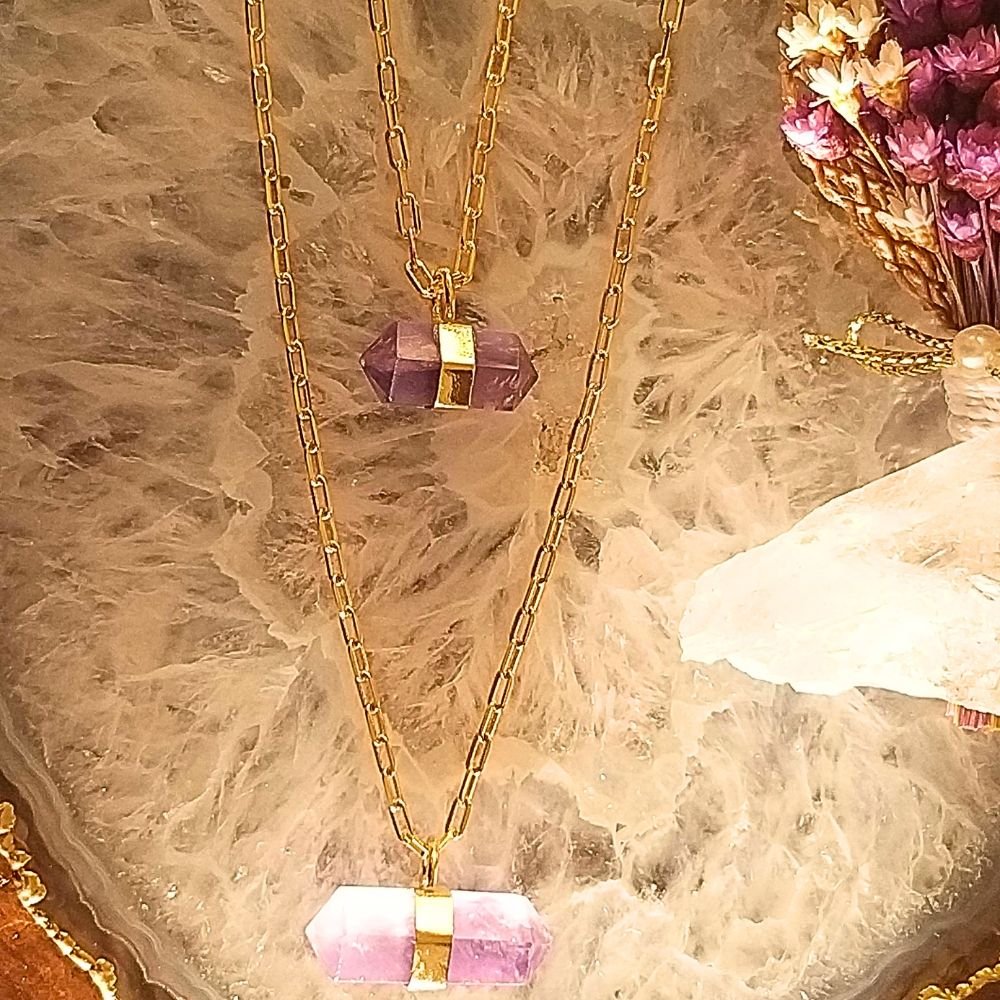 Semijoia - Colar Duplo com Cristais Ametista Biterminadas Naturais - Ouro 18k Dourado 12