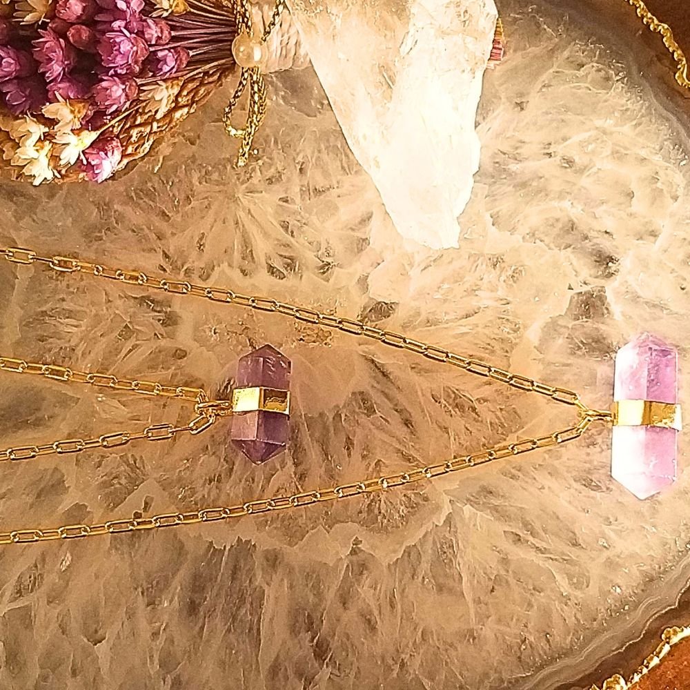 Semijoia - Colar Duplo com Cristais Ametista Biterminadas Naturais - Ouro 18k Dourado 13