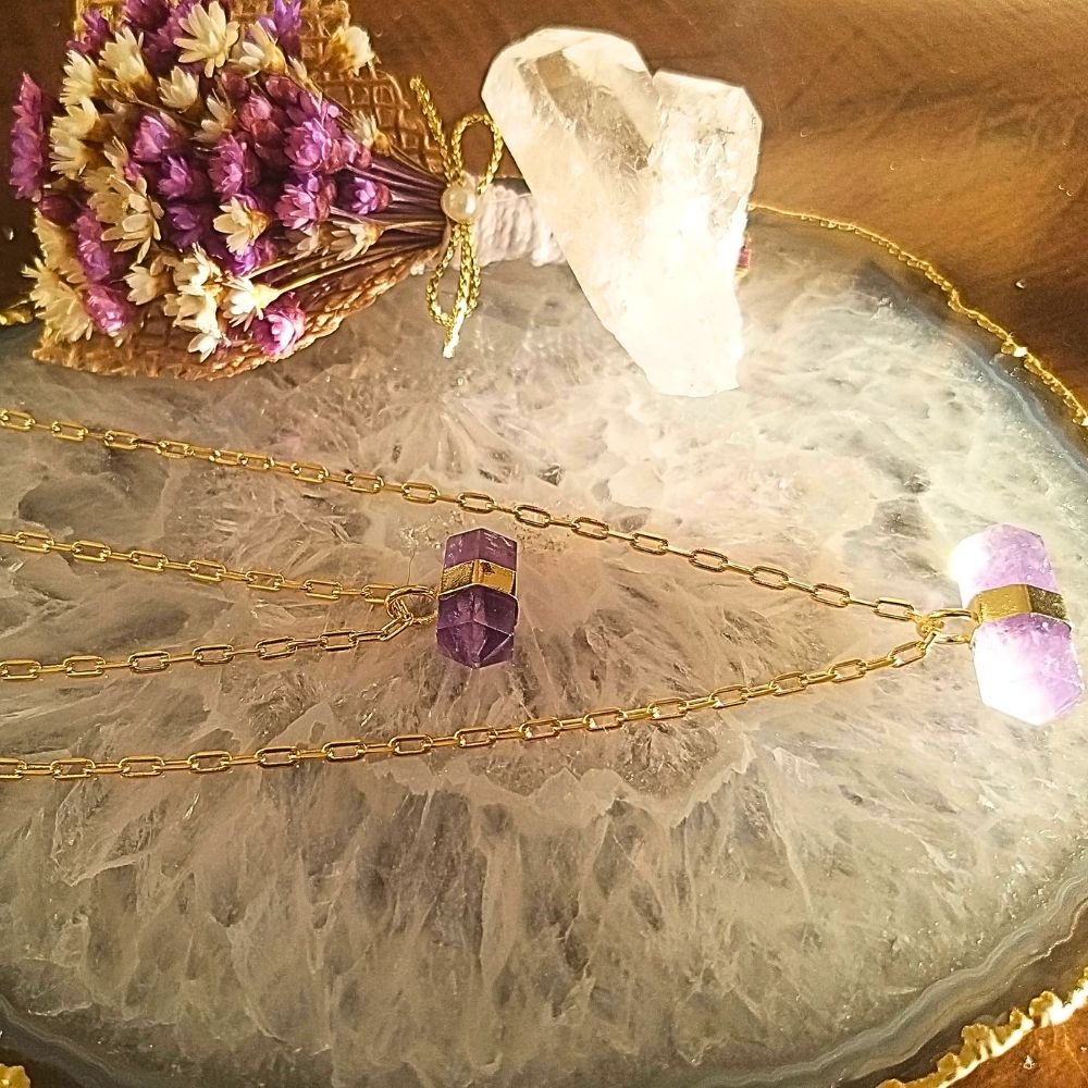 Semijoia - Colar Duplo com Cristais Ametista Biterminadas Naturais - Ouro 18k Dourado 14