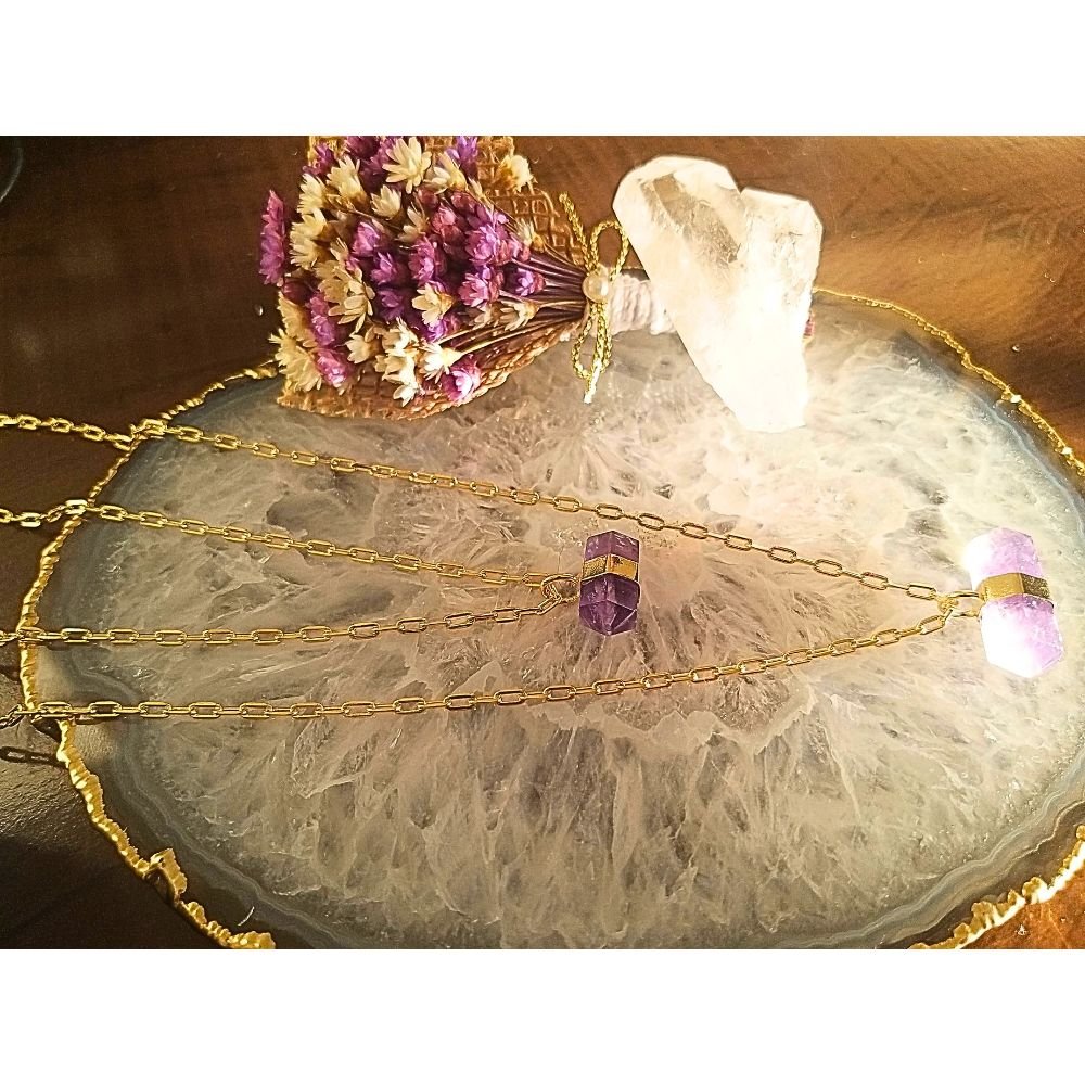 Semijoia - Colar Duplo com Cristais Ametista Biterminadas Naturais - Ouro 18k Dourado 15