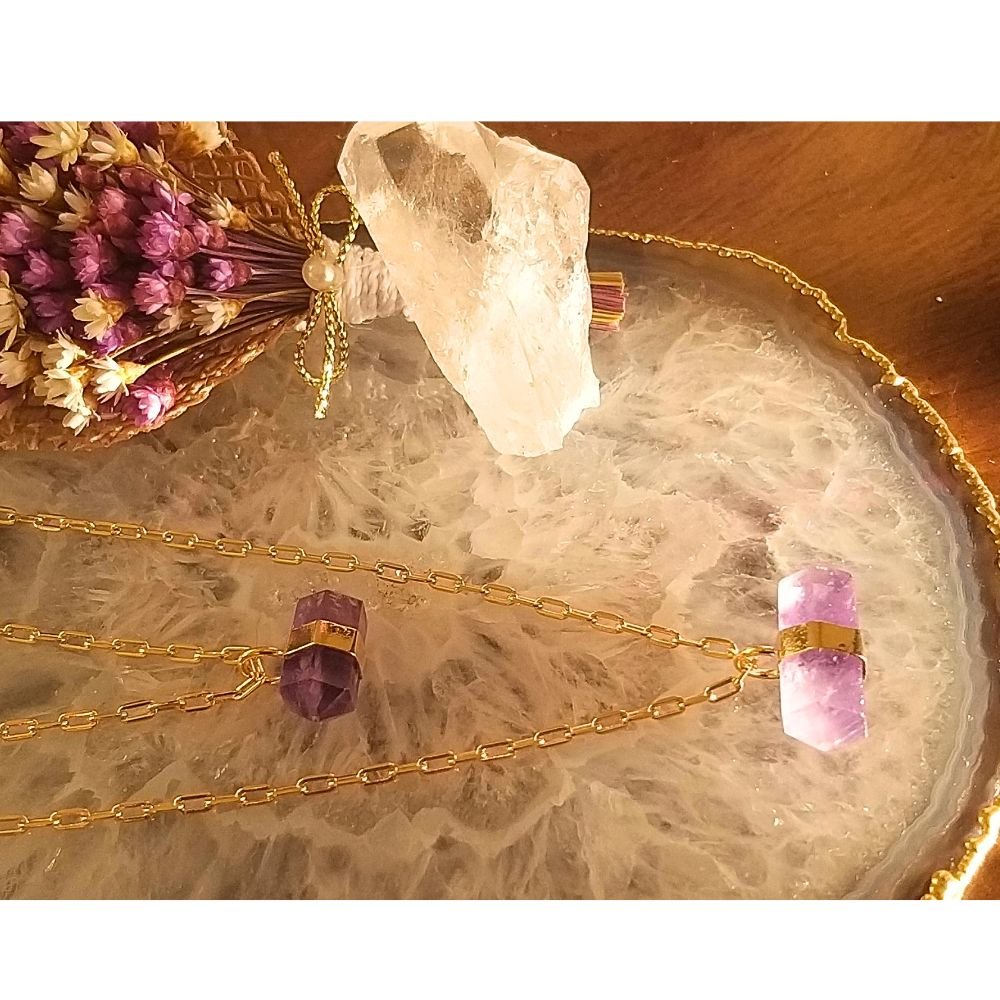 Semijoia - Colar Duplo com Cristais Ametista Biterminadas Naturais - Ouro 18k Dourado 3