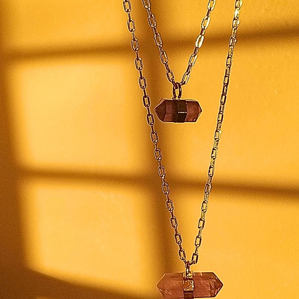 Semijoia - Colar Duplo com Cristais Ametista Biterminadas Naturais - Ouro 18k Dourado 8