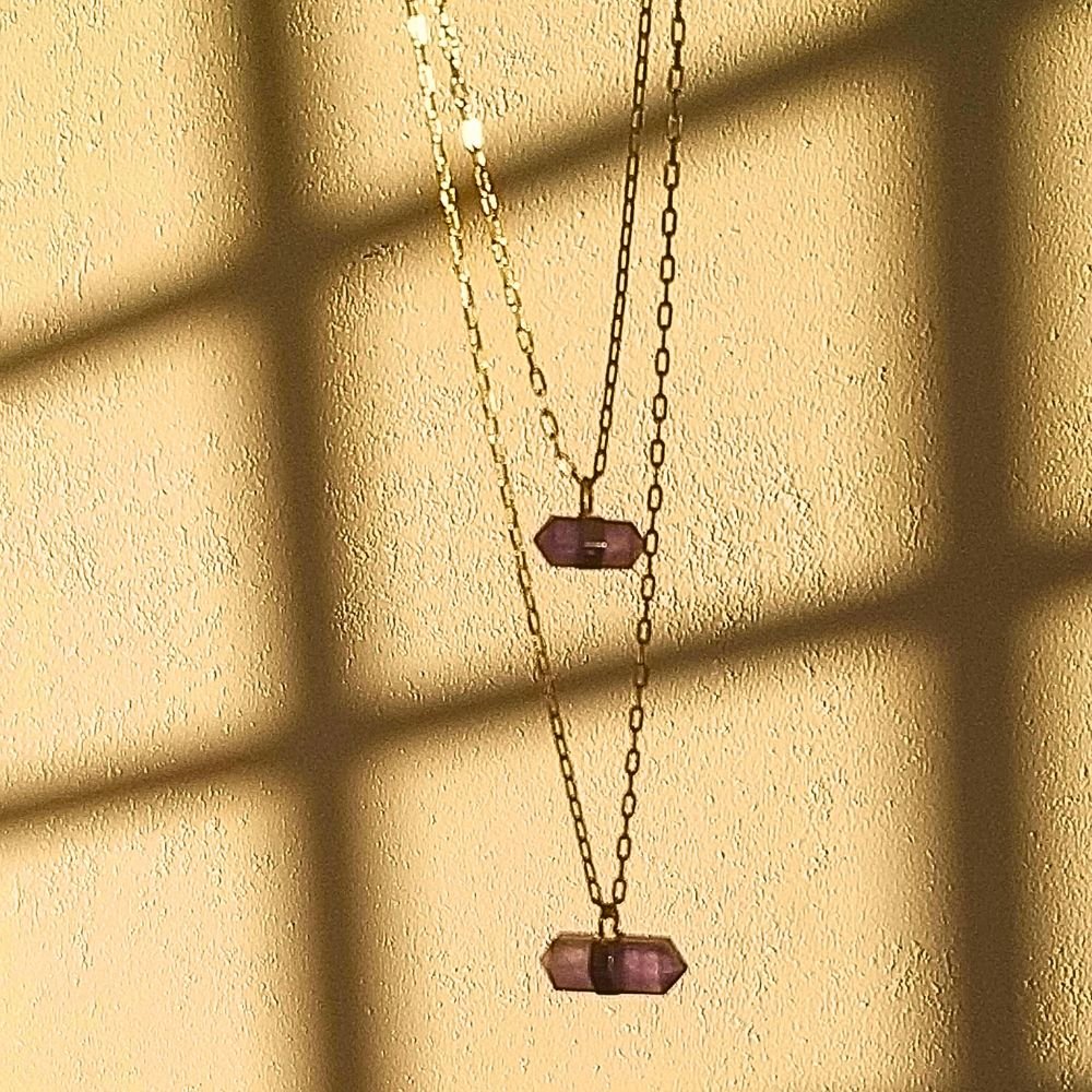 Semijoia - Colar Duplo com Cristais Ametista Biterminadas Naturais - Ouro 18k Dourado 9