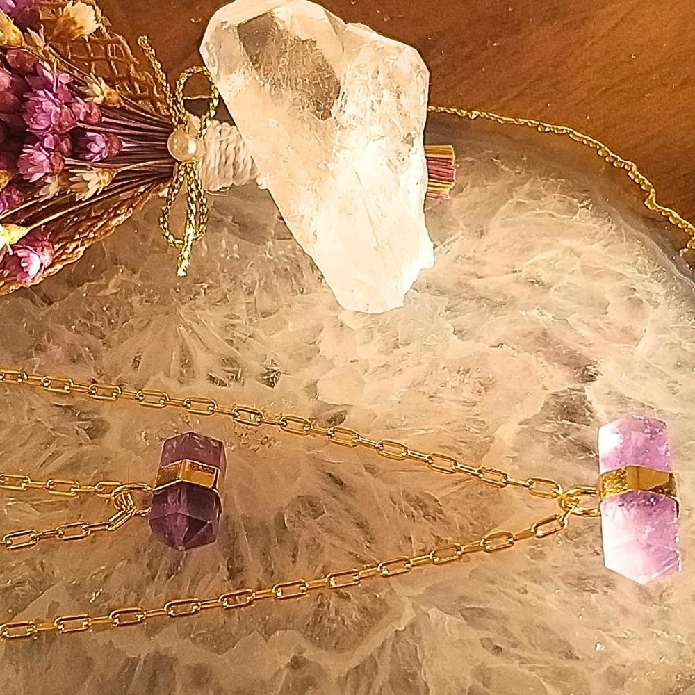 Semijoia - Colar Duplo com Cristais Ametista Biterminadas Naturais - Ouro 18k Dourado 10