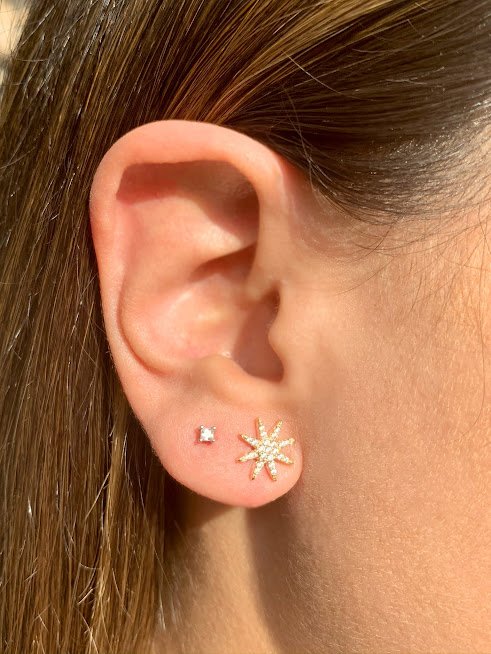 Semijoia - Brinco Pérola e Estrela 8 Pontas com Cristais - Ouro 18k Dourado 3