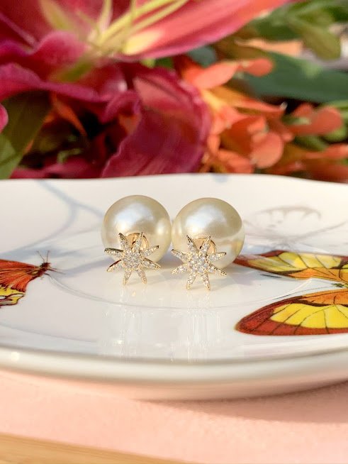 Semijoia - Brinco Pérola e Estrela 8 Pontas com Cristais - Ouro 18k Dourado 4